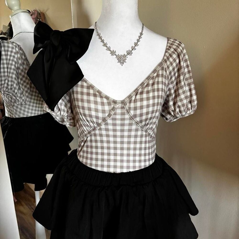 Caution to the Wind Gingham Puff Sleeve Crop Top | Coquette